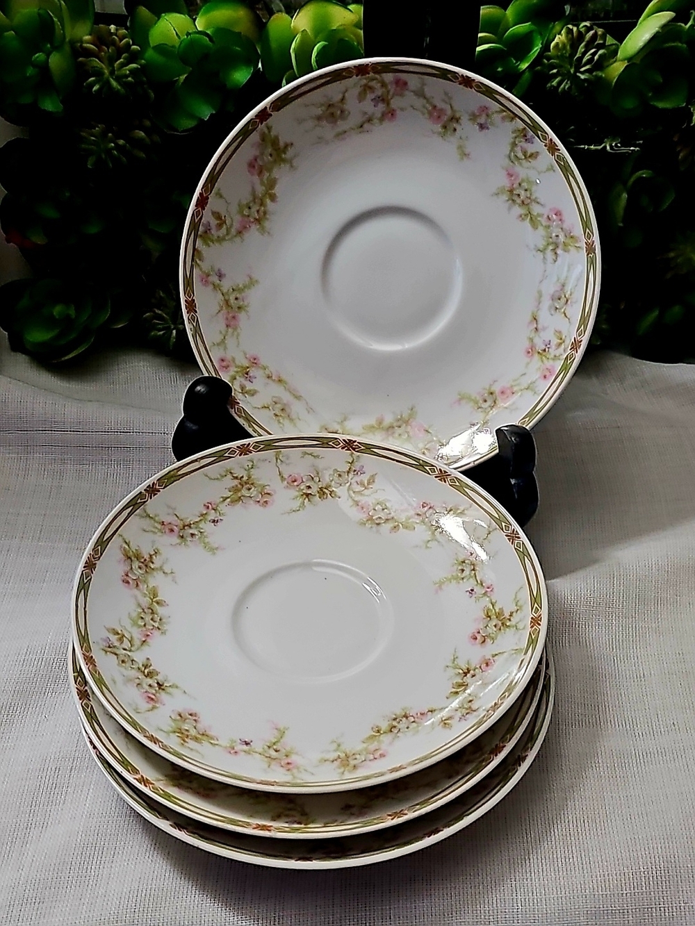 Porcelain Saucer Set Of 4  in White with Pink Floral and Gold Trim